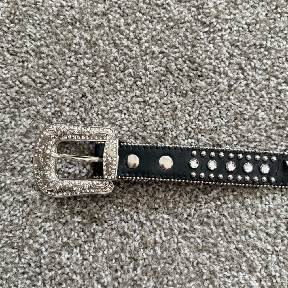 Nocona Leather Belt 26 Black Studded Rhinestone Sliver Bling Cowgirl Y2K Boho‎ - Picture 10 of 14